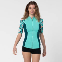 Top Anti UV Manches Courtes Femme Néoprène 1 Mm - Turquoise Fleurs